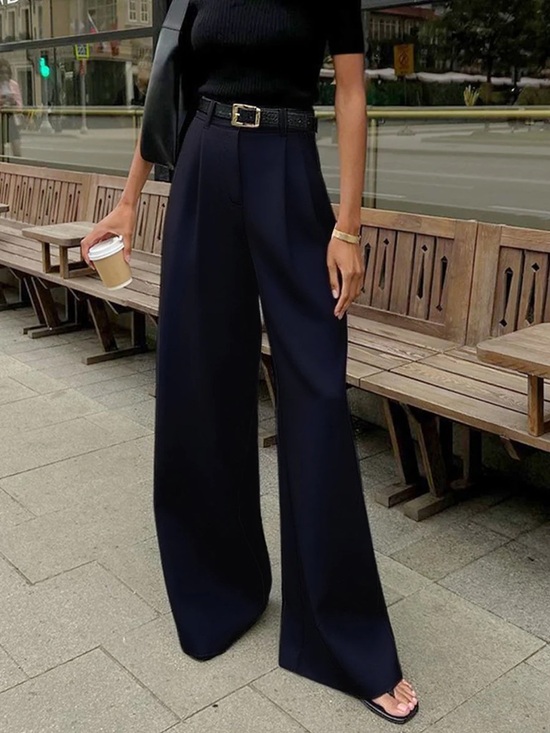 COMMENSE Navy Wide Leg High-Waist  Trousers